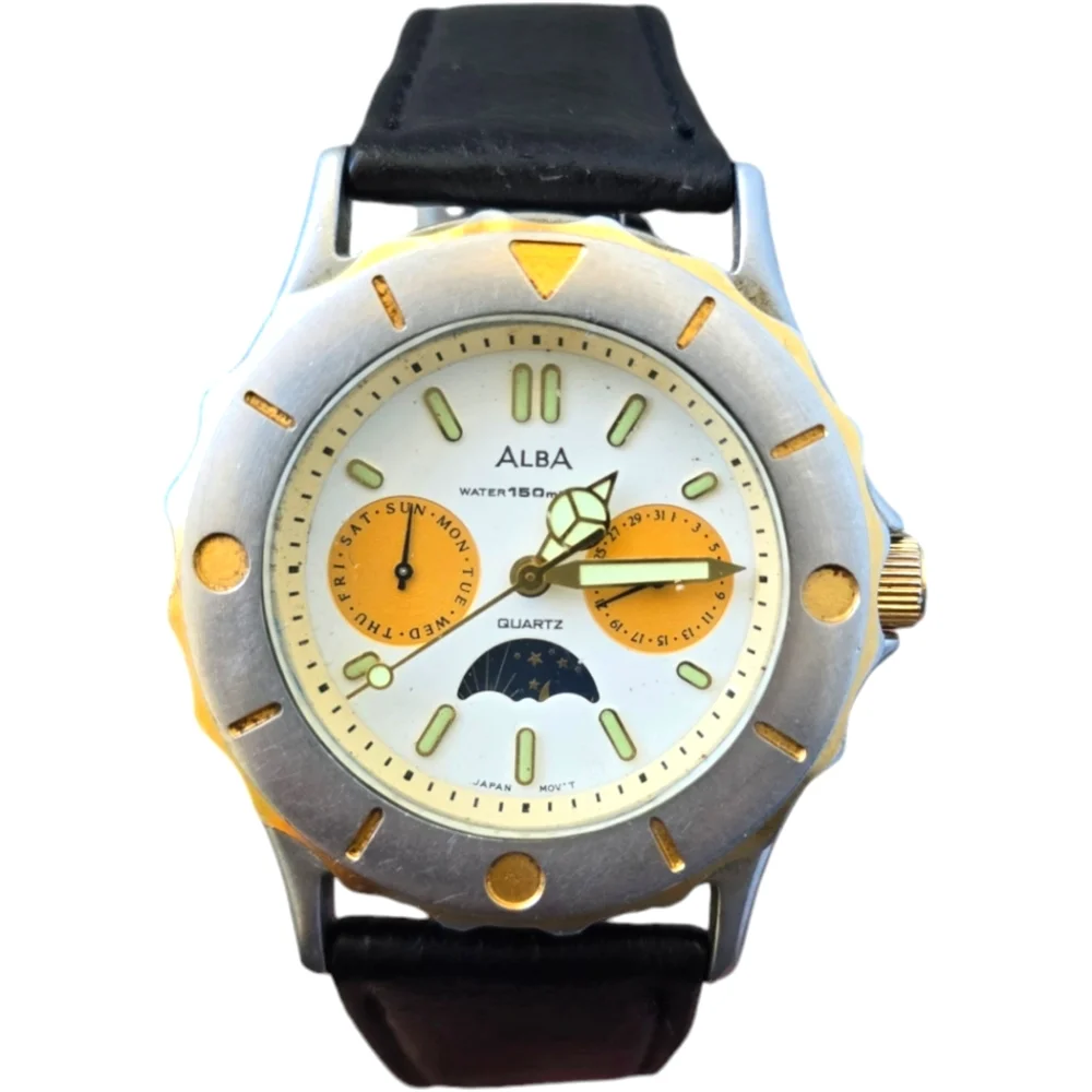 Vintage Seiko Alba Moon Phase Chronograph Watch V33H-X002 Lume Orange